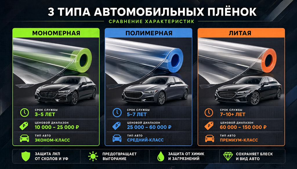 Сравнение трёх типов плёнок (мономерная, полимерная, литая) по сроку службы, стоимости и сфере применения. Три колонки с характеристиками: иконки срока службы, ценового диапазона, типа авто.