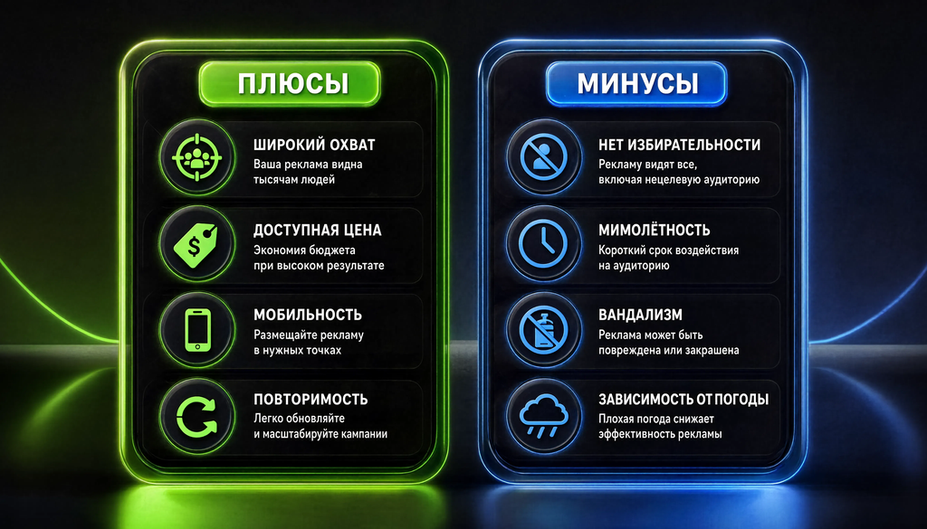 Сравнение плюсов и минусов транзитной рекламы: охват, цена, мобильность, повторяемость против отсутствия избирательности, мимолётности, вандализма, зависимости от погоды