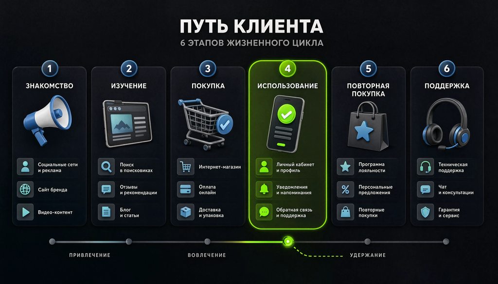 Карта точек контакта клиента с брендом на шести этапах жизненного цикла: знакомство, изучение, покупка, использование, повторная покупка, поддержка. На каждом этапе — 2–3 конкретные точки контакта.