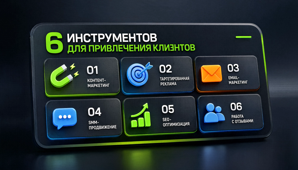 Таблица с 6 ключевыми инструментами для привлечения клиентов