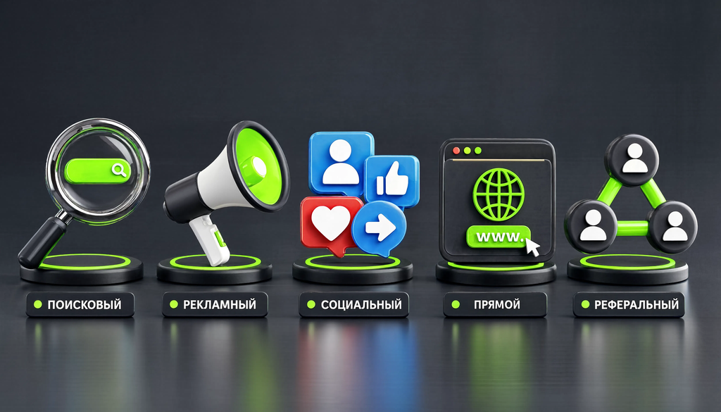 Инфографика: 5 видов трафика - поисковый, рекламный, социальный, прямой, реферальный