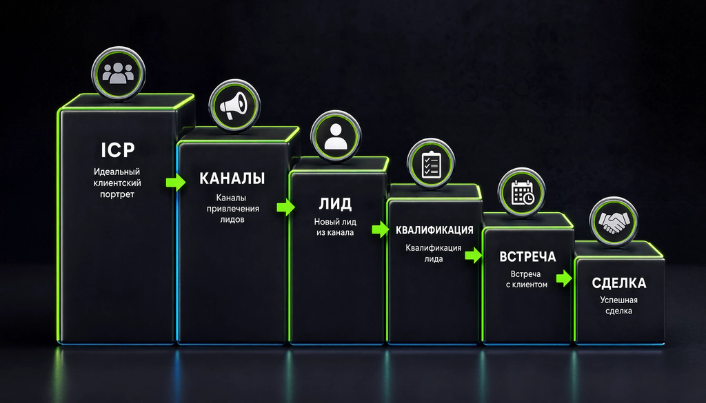 Воронка B2B-лидогенерации: ICP &rarr; каналы &rarr; лид &rarr; квалификация &rarr; встреча &rarr; сделка