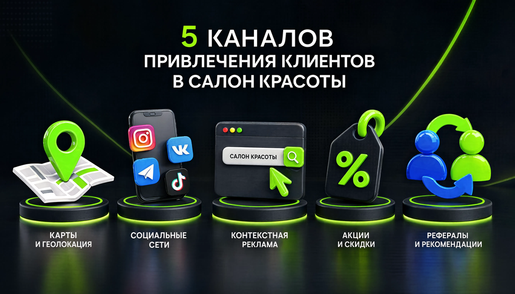 Инфографика: 5 каналов привлечения клиентов в салон красоты - карты, соцсети, контекст, акции, рефералы