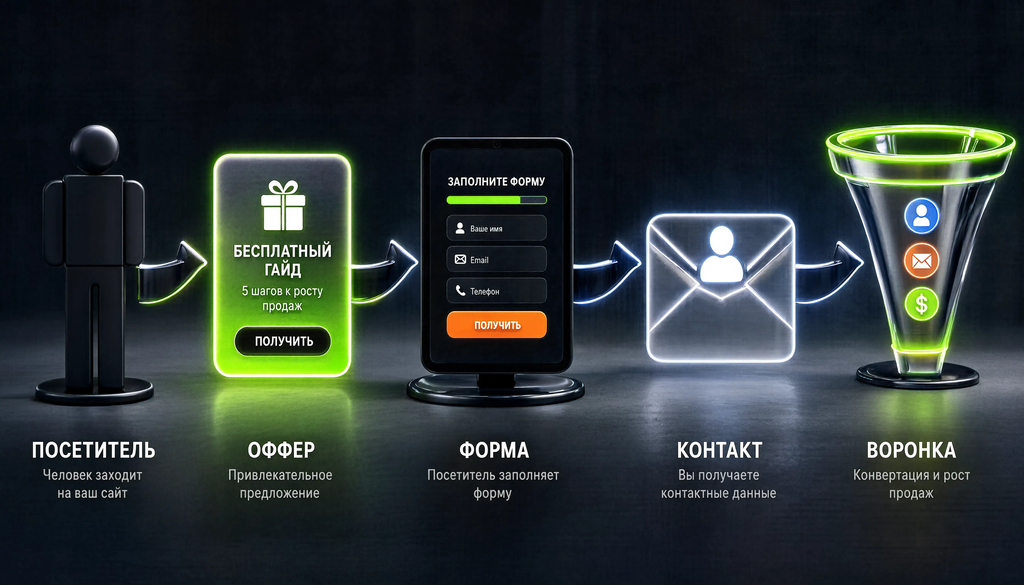 Инфографика: как работает лид-магнит - от посетителя через оффер, форму и контакт до воронки