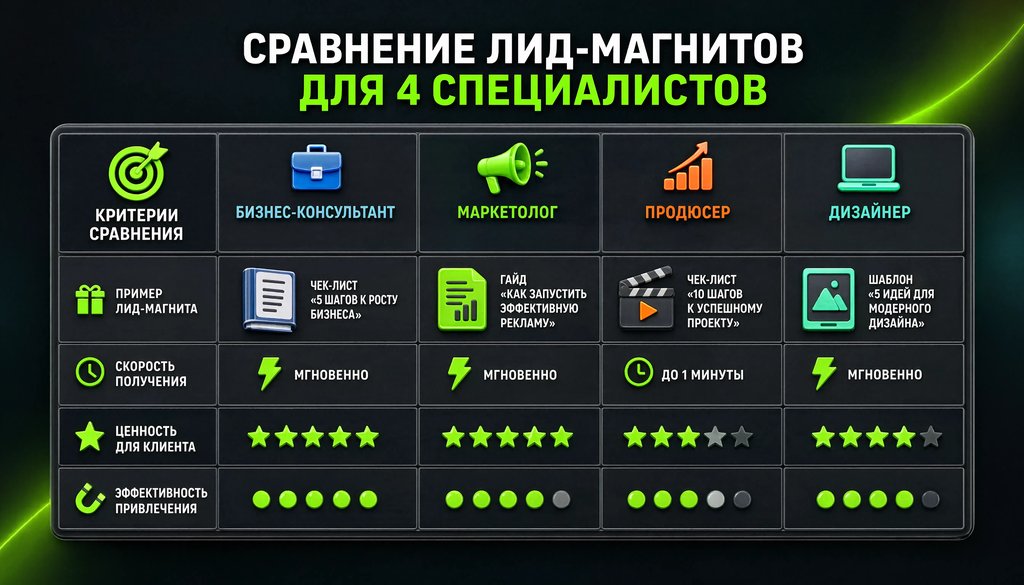 Лид-магниты для 4 специалистов: сравнение форматов таблица