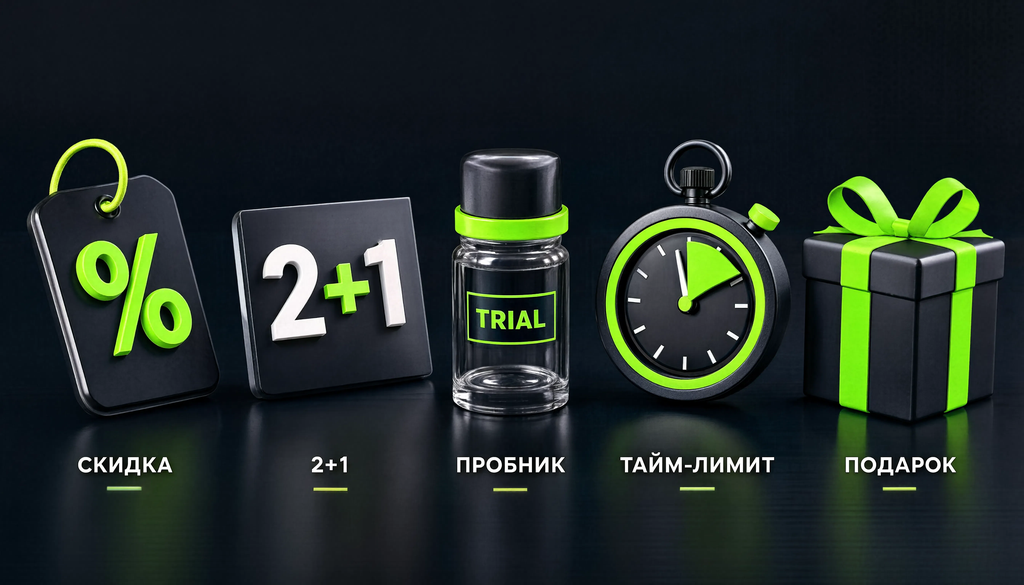 Инфографика 5 видов акций: скидка, 2+1, пробник, тайм-лимит, подарок