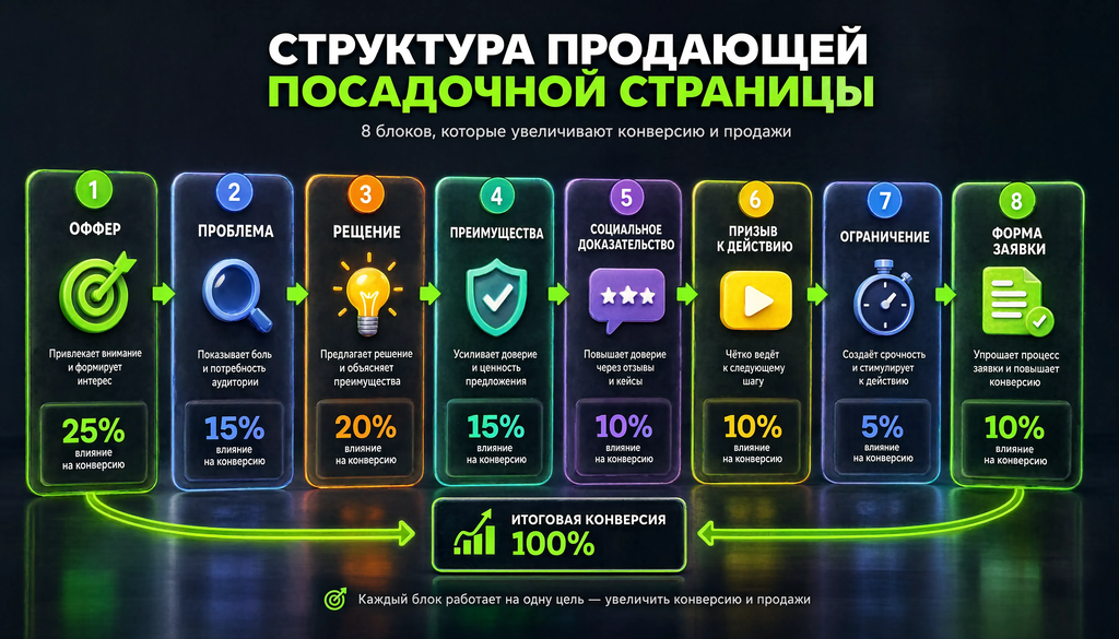 Структура продающей посадочной страницы: восемь блоков от оффера до формы заявки с указанием влияния на конверсию