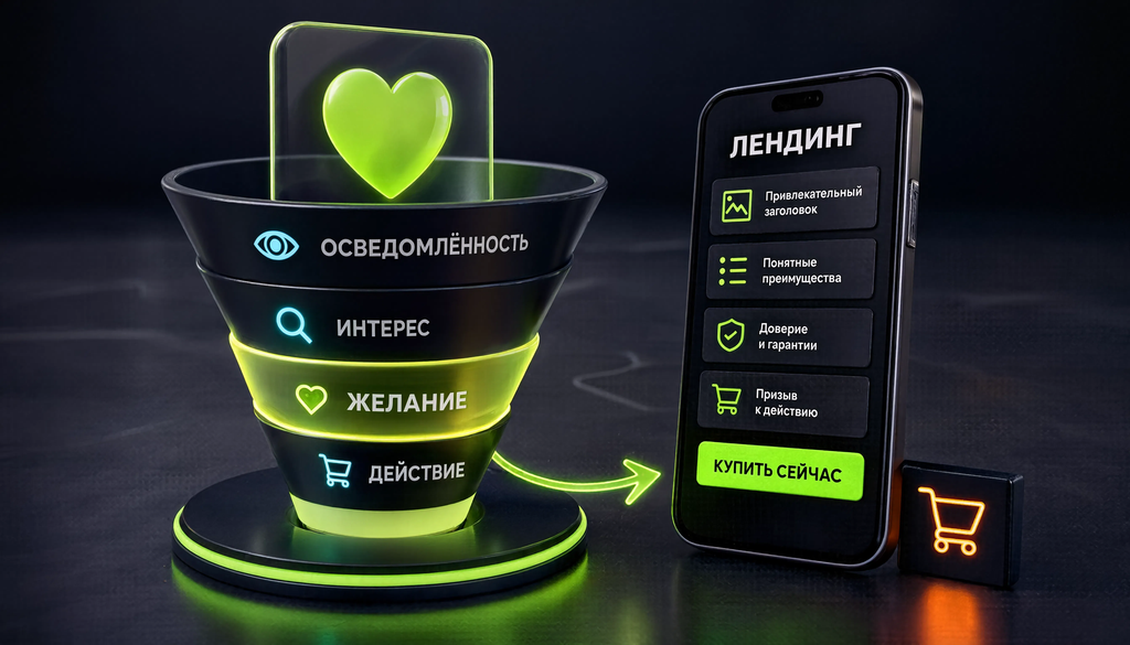 Инфографика: лендинг в воронке продаж на этапах желания и действия