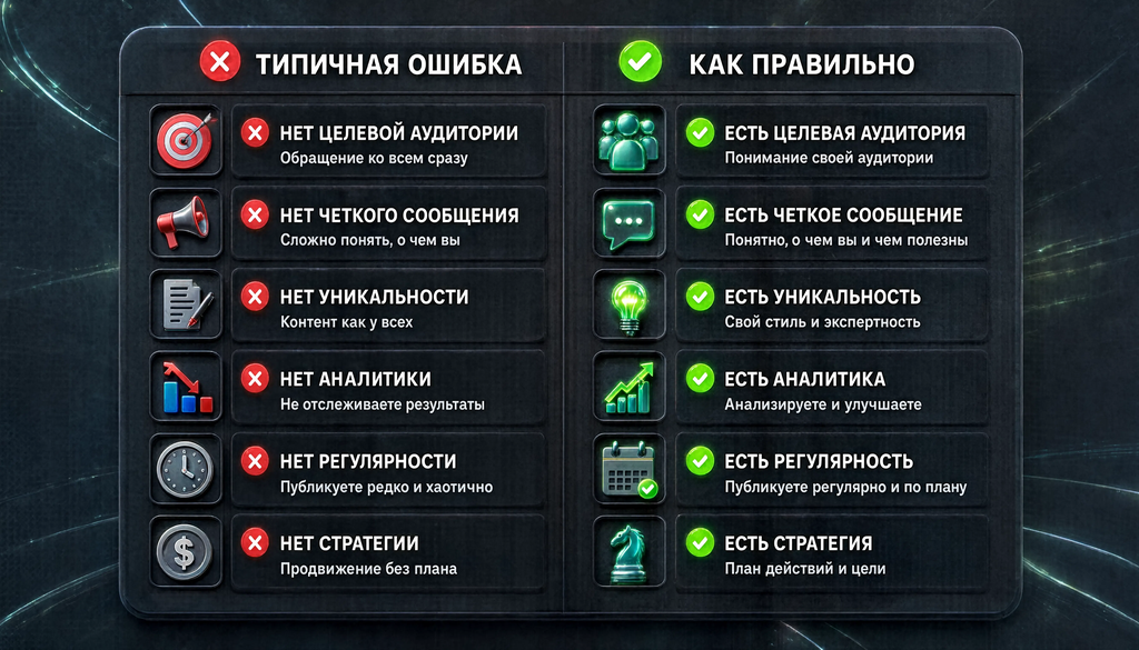 Шесть ключевых ошибок продвижения и правильные подходы к каждой: сравнительная иллюстрация в двух колонках.