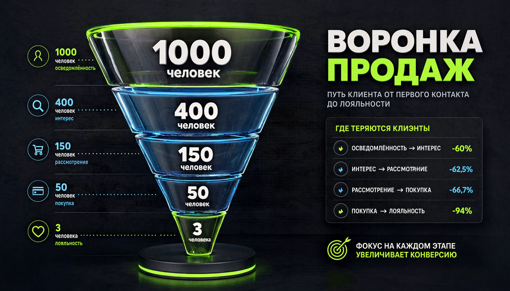 Инфографика воронка продаж: пять этапов от осведомленности до лояльности с процентами сужения, от 1000 прохожих до 3 постоянных клиентов