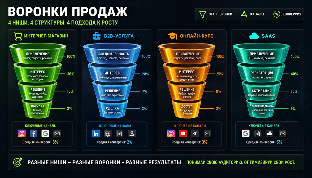 Четыре примера воронок продаж для интернет-магазина, B2B-услуги, онлайн-курса и SaaS с этапами, каналами и типичной конверсией