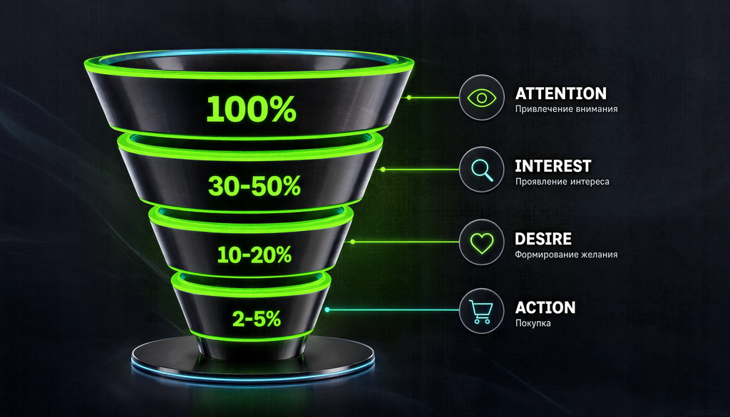 Воронка AIDA: этапы Attention, Interest, Desire, Action с процентами сужения аудитории