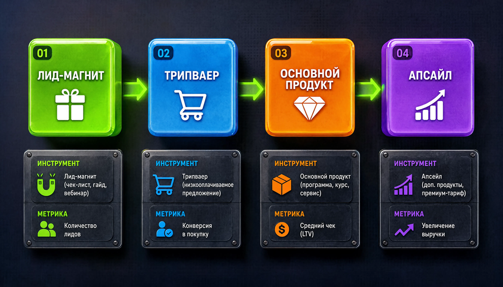 Структура автоворонки: лид-магнит &rarr; трипваер &rarr; основной продукт &rarr; апсейл, с инструментами и метриками на каждом этапе
