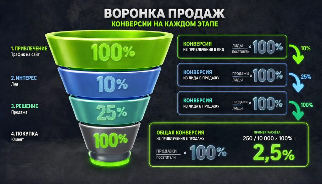 Формулы конверсии для каждого этапа воронки: в лид, в продажу, из лида в продажу, общая с примерами расчета
