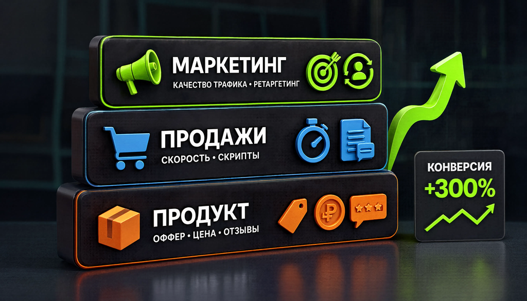 Схема трех уровней повышения конверсии: маркетинг (качество трафика, ретаргетинг), продажи (скорость, скрипты), продукт (оффер, цена, отзывы). Помогает понять, что конверсия зависит не только от рекламы.