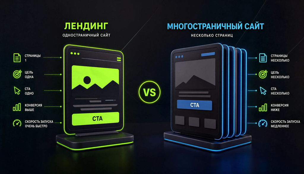 Сравнение лендинга и многостраничного сайта по критериям: страницы, цель, CTA, конверсия, SEO, скорость запуска. Инфографика помогает выбрать формат.