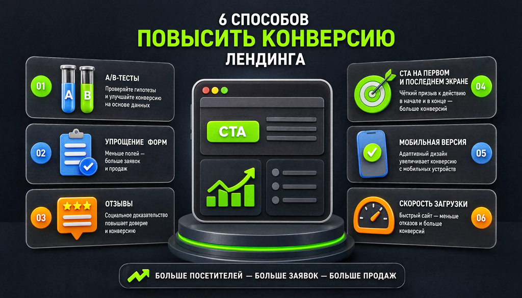 Schema with 6 ways to increase landing page conversion: A/B tests, simplifying forms, testimonials, CTA on first and last screens, mobile version, loading speed