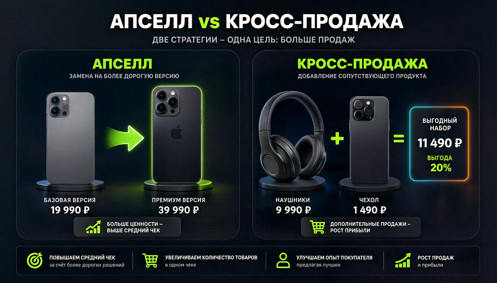 Схема разницы между апселлом и кросс-продажей: апселл &mdash; замена на более дорогую версию, кросс-продажа &mdash; добавление сопутствующего товара