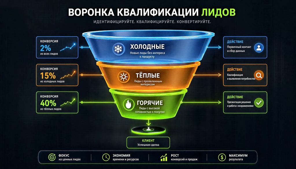 Воронка квалификации лидов: холодные, тёплые и горячие лиды, конверсии и действия на каждом этапе.
