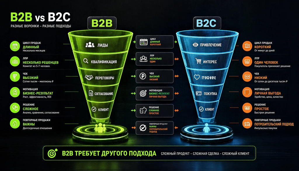 Сравнение воронок B2B и B2C по критериям: цикл, ЛПР, чек, мотивация, решение, повторные продажи. Показывает, почему B2B требует другого подхода.