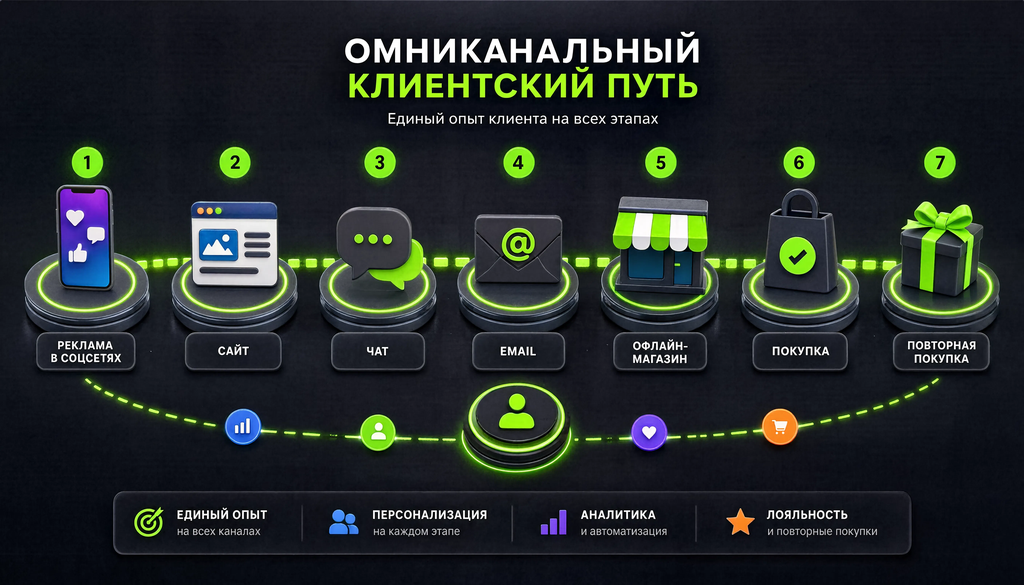 Омниканальный клиентский путь с этапами: реклама в соцсетях, сайт, чат, email, офлайн-магазин, повторная покупка, визуализация бесшовных переходов