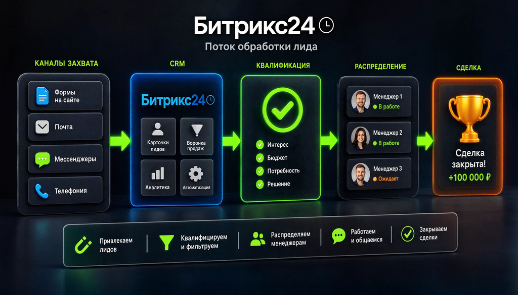 Схема потока обработки лида в Битрикс24: каналы захвата, CRM, квалификация, распределение, сделка &ndash; автоматизация процесса