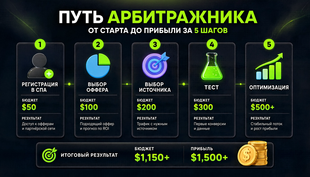 Путь арбитражника от старта до прибыли: 5 шагов &mdash; регистрация в CPA, выбор оффера, выбор источника, тест, оптимизация. С бюджетом и результатом на каждом шаге.