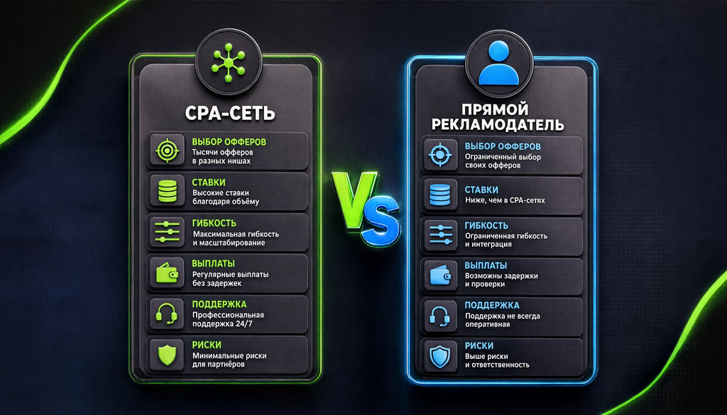 Сравнение CPA-сети и прямого рекламодателя: выбор офферов, ставки, гибкость, выплаты, поддержка, риски. Две колонки.