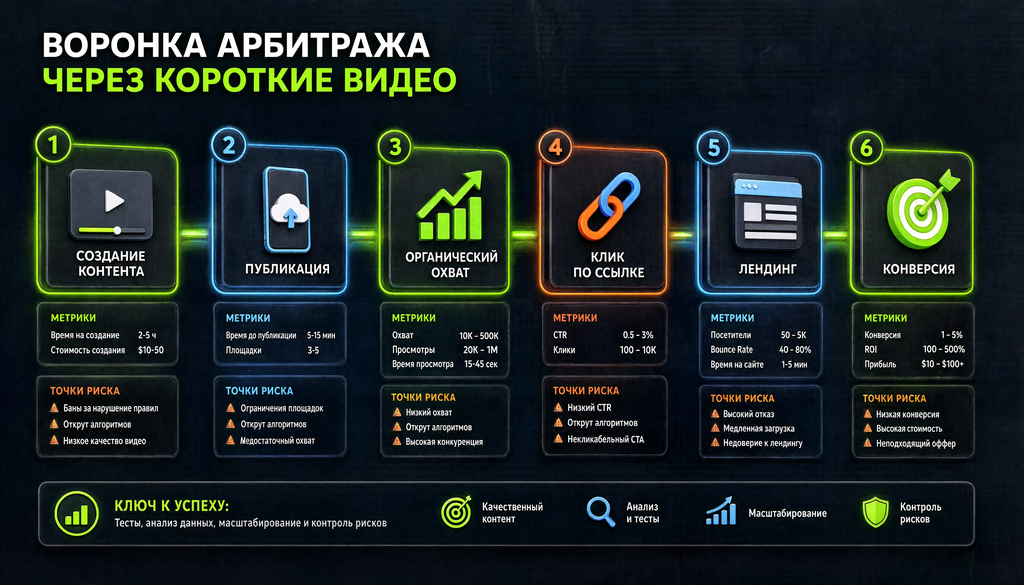 Схема воронки арбитража трафика через короткие видео: этапы от создания контента до конверсии с метриками и точками риска