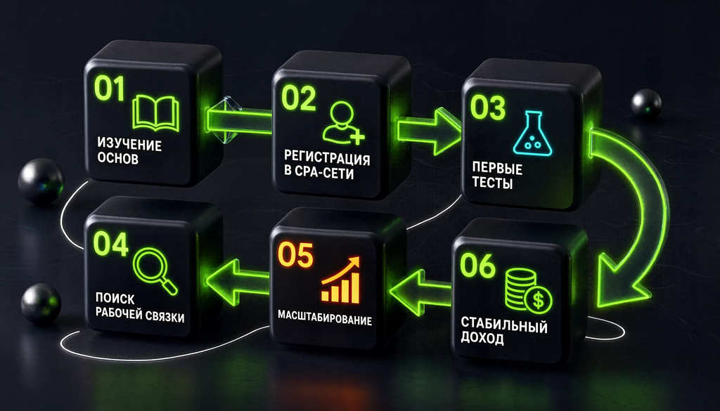 Схема пути медиабайера: 6 этапов от изучения основ до стабильного дохода с указанием сроков