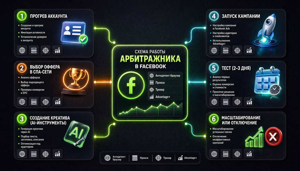 Схема работы арбитражника в Facebook: этапы прогрева аккаунта, выбора оффера, создания креатива, запуска кампании, тестирования и масштабирования с указанием инструментов