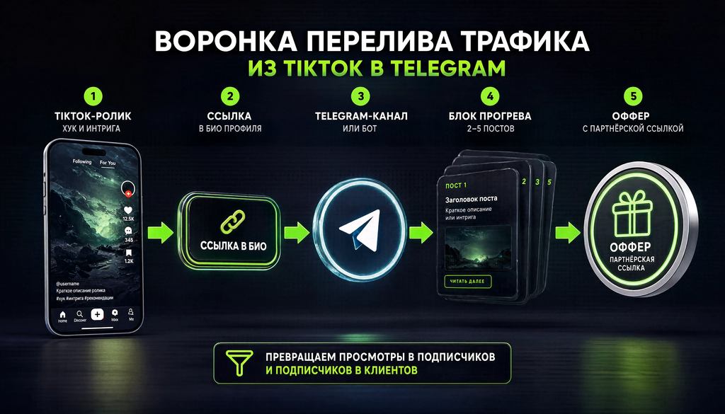 Схема воронки перелива трафика из TikTok в Telegram: 5 этапов от видео до оффера
