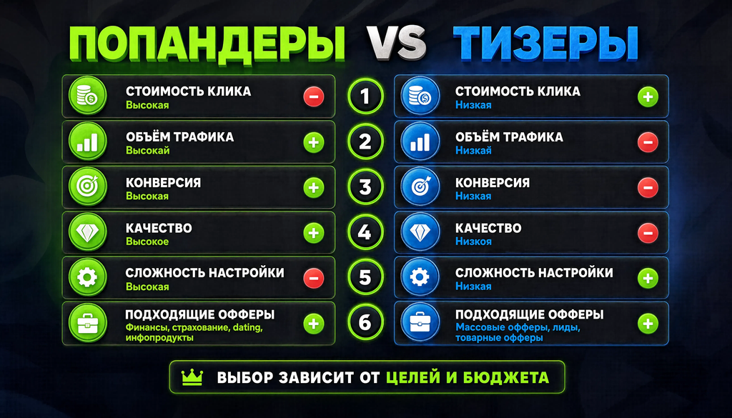 Сравнение попандеров и тизеров по 6 параметрам: стоимость клика, объем трафика, конверсия, качество, сложность настройки, подходящие офферы. Две колонки с цветовым выделением плюсов и минусов.