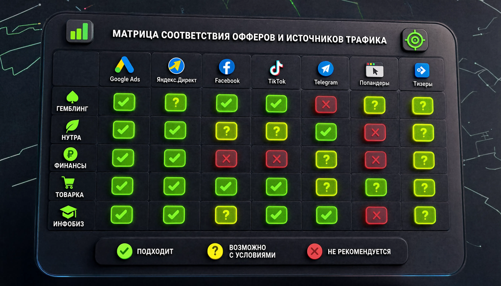 Инфографика матрица соответствия типов офферов и источников трафика с цветовыми метками: зеленый &mdash; подходит, желтый &mdash; возможно с условиями, красный &mdash; не рекомендуется