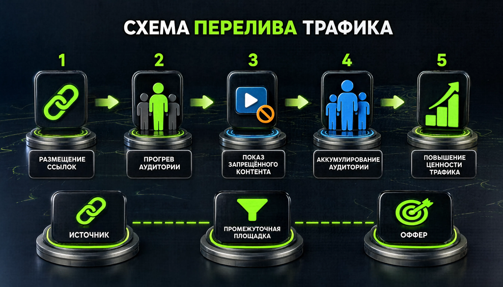 Схема перелива трафика с пятью целями: размещение ссылок, прогрев аудитории, показ запрещённого контента, аккумулирование аудитории, повышение ценности трафика