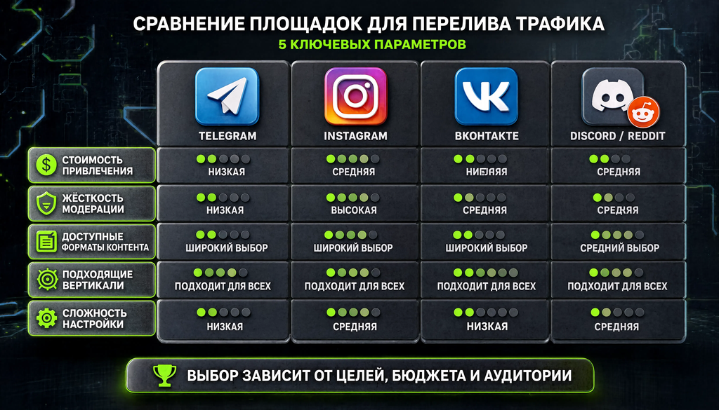 Сравнение площадок для перелива трафика: Telegram, Instagram, ВКонтакте, Discord/Reddit по стоимости привлечения, жесткости модерации, форматам контента, подходящим вертикалям и сложности настройки
