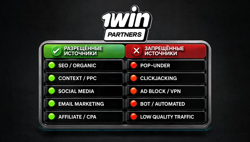 Таблица разрешённых и запрещённых источников трафика для 1win Partners с зелёными и красными маркерами