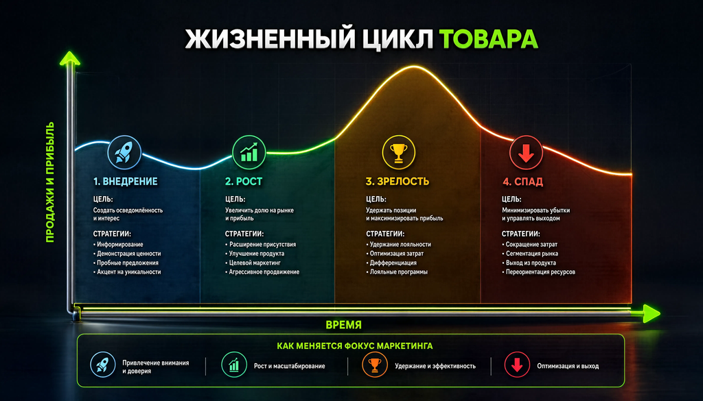 Схема жизненного цикла товара: четыре этапа (внедрение, рост, зрелость, спад) с маркетинговыми стратегиями и целями, показывающая изменение фокуса маркетинга во времени