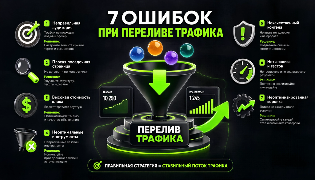 Инфографика: семь типичных ошибок при переливе трафика с иконками, описаниями и способами решения