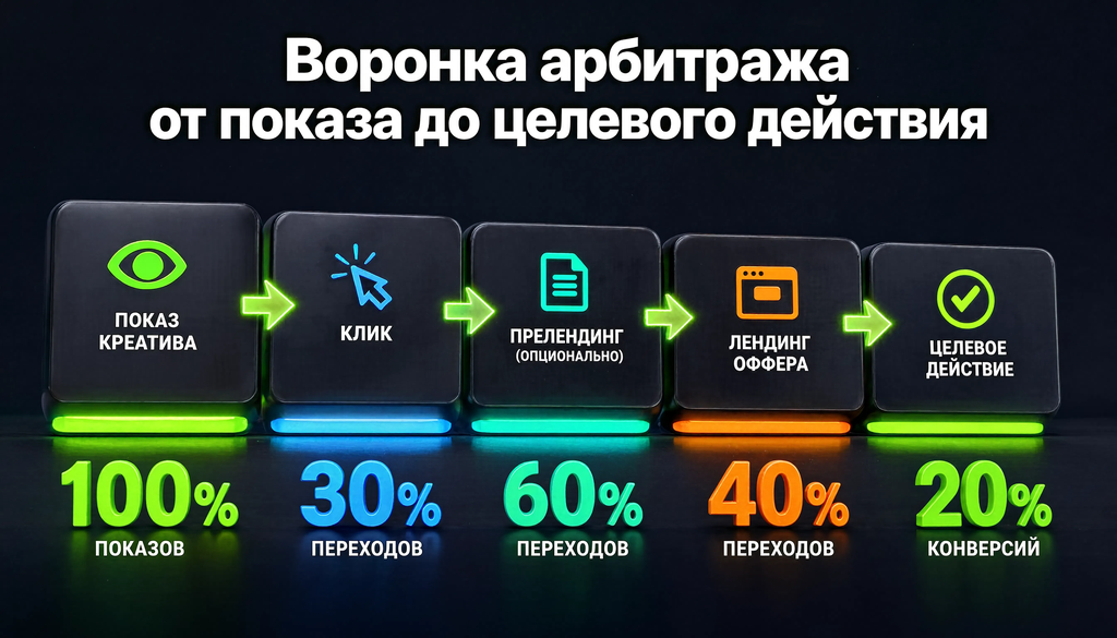 Схема воронки арбитража трафика: от показа креатива до целевого действия с указанием процентов переходов на каждом этапе