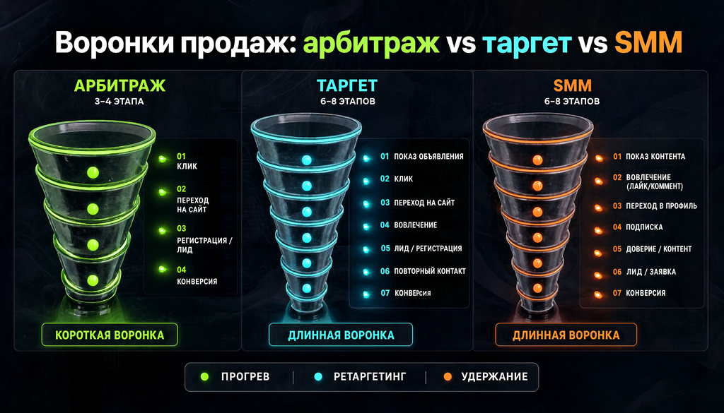 Инфографика сравнения воронок продаж в арбитраже, таргетированной рекламе и SMM: этапы, прогрев, ретаргетинг, удержание