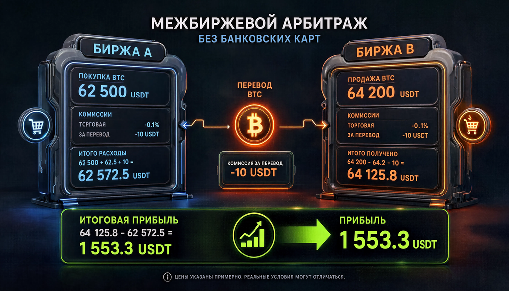Схема межбиржевого арбитража без карт: покупка на бирже A, перевод, продажа на бирже B, прибыль за вычетом комиссий