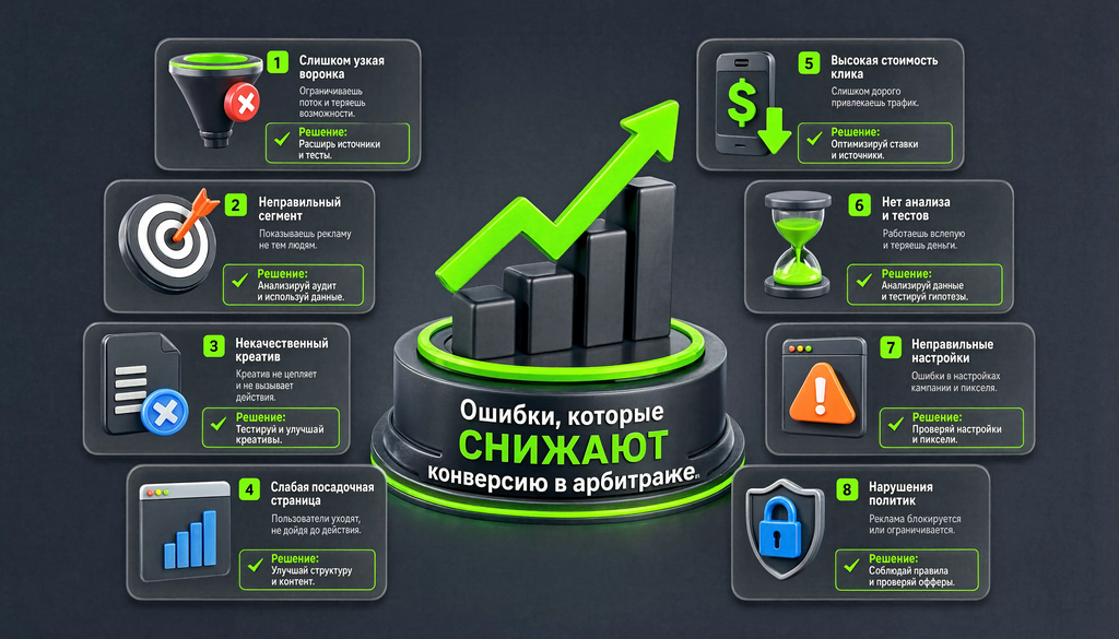 Инфографика о восьми типичных ошибках при работе с конверсией в арбитраже с краткими описаниями и способами решения