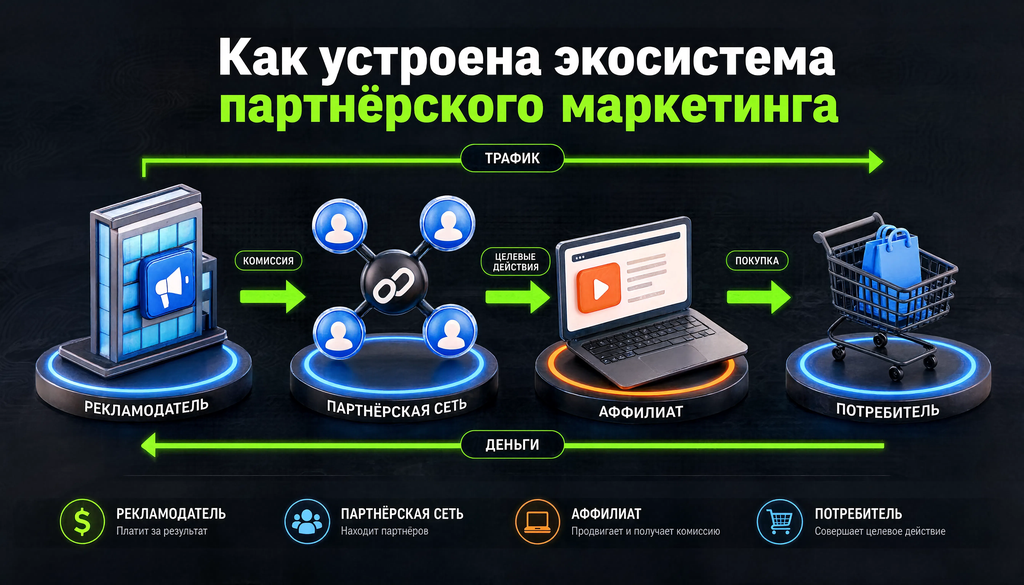 Схема экосистемы партнёрского маркетинга: рекламодатель, партнёрская сеть, аффилиат, потребитель, потоки трафика и денег
