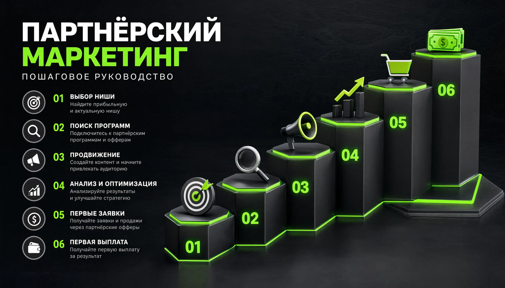 Инфографика: Партнёрский маркетинг с чего начать - 6 шагов от выбора ниши до первой выплаты