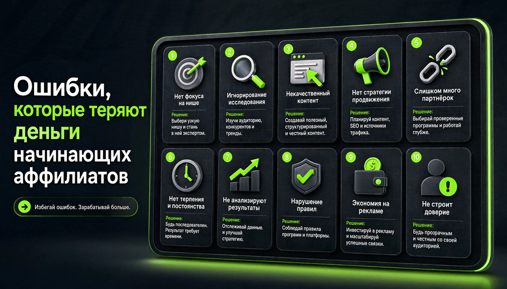 Инфографика: 10 типичных ошибок новичков в аффилиатном маркетинге с иконками и советами как их избежать
