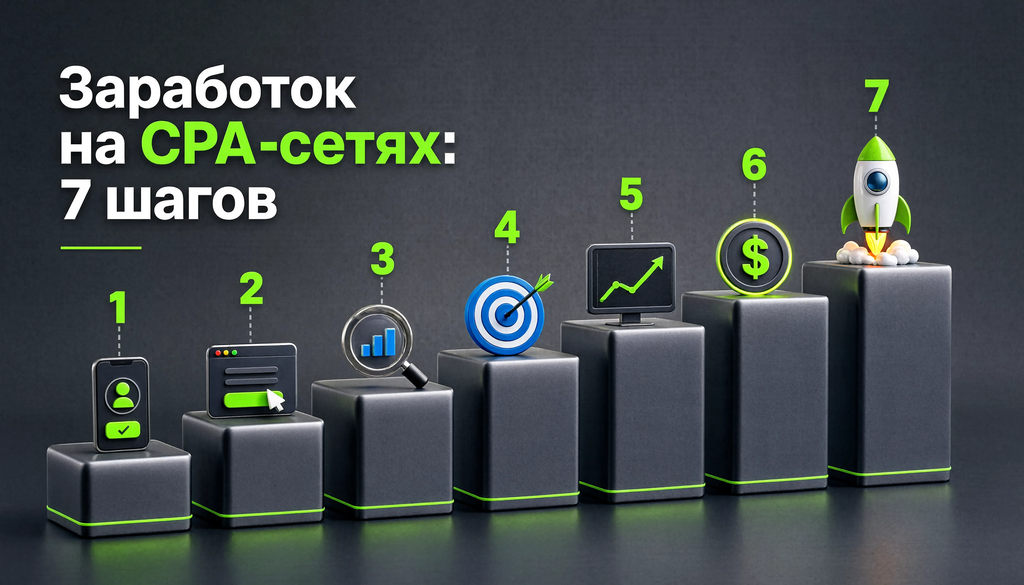 Инфографика: Как зарабатывать на CPA-сетях — 7 шагов от регистрации до масштабирования с типичными ошибками новичков