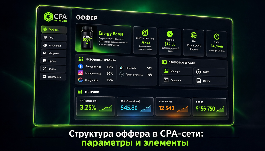 Схема структуры оффера в CPA-сети с параметрами: продукт, целевое действие, выплата, GEO, холд, источники трафика, промо-материалы, метрики