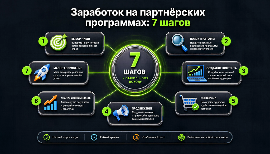 Инфографика: 7 шагов заработка на партнёрских программах от выбора ниши до масштабирования