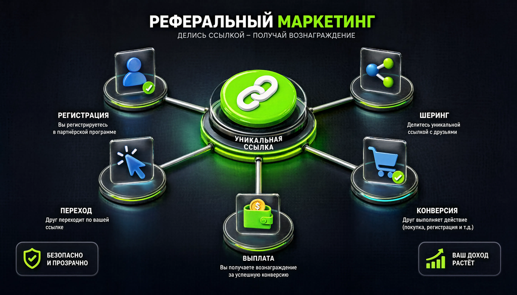 Схема работы реферального маркетинга: этапы от получения уникальной ссылки до начисления вознаграждения